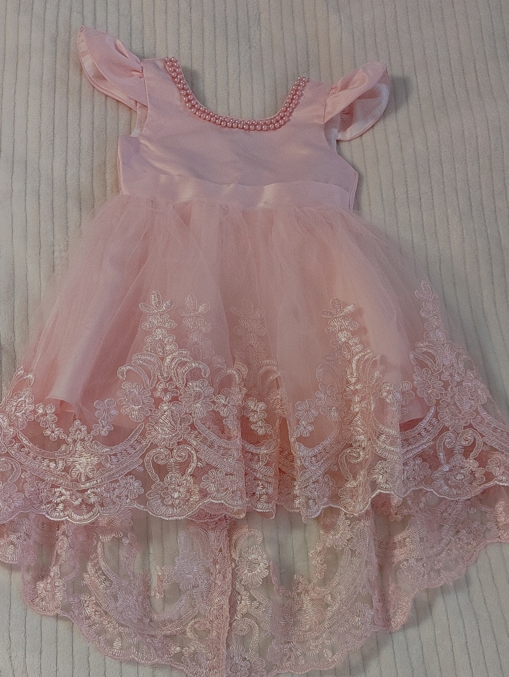 Pink Tulle Lace Baby Girl Dress with Pearl Trim